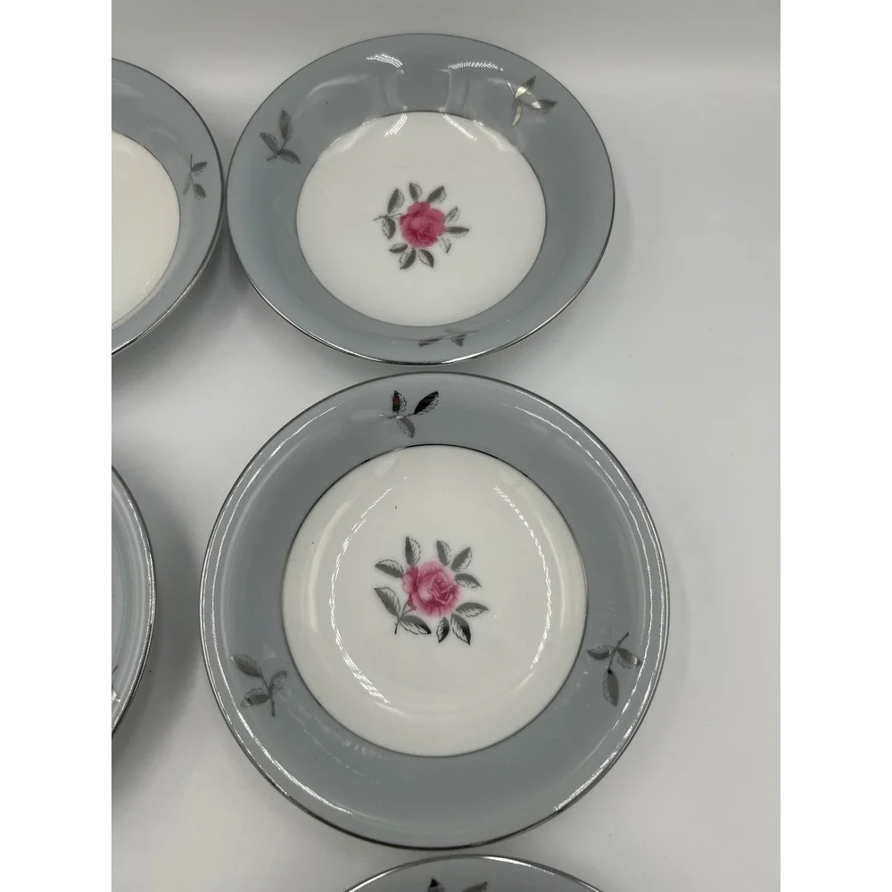 Seyei Bella Maria 2129 Fine China Fruit Bowls Set of 7 Japan Pink Rose Blue Rim‎